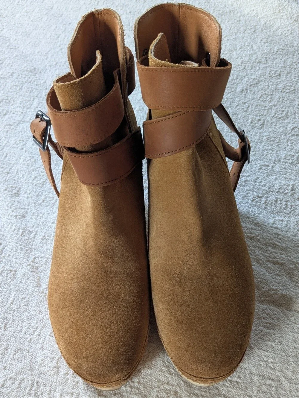 Free People Bungalow Wooden Clog Ankle Boot Strap Suede Sand Sz 39